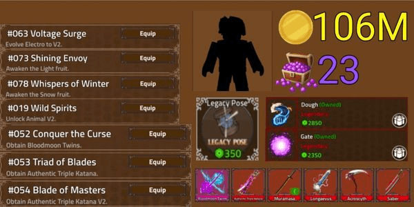 Gambar Product Akun King Legacy - Permanent Dough/Gate - Bloodmoon Twins - Legacy Pose - 106M Money