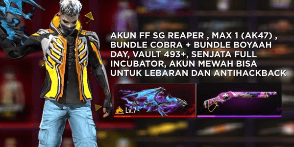 Gambar Product AKUN FF MEWAH SPESIAL LEBARAN, SG REAPER , MAX 1, BUNDLE COBRA + BOYAAH DAY.