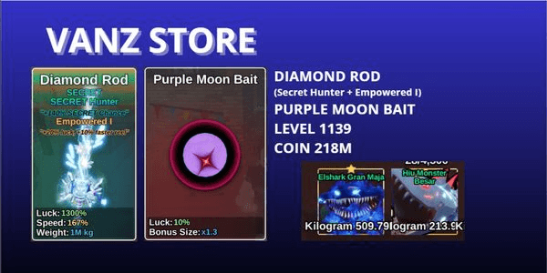 Gambar Product Lv 1139, Diamond Rod, Purple Moon Bait, Coin 218M