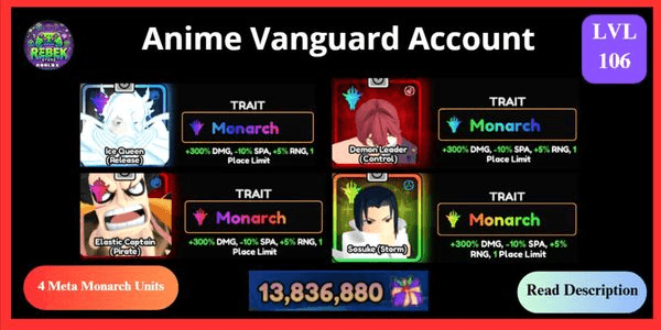 Gambar Product Account 4 Meta Monarch - Ice Queen (Vanguard), Demon Leader, Luffy, Sasuke + 2 Vanguard Memoria + 13M Presents | Anime Vanguards