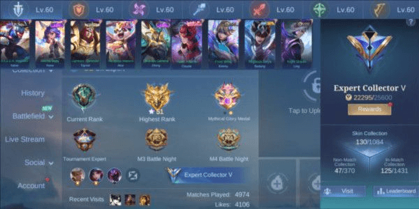 Gambar Product (224) MLBB Account Max Emblem, Deluxe Skin 9 DM 518 Leader Squad