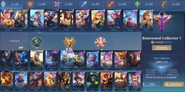 Gambar Product (234) MLBB Account Emblem Max Prime Claude, Col Nata, Annual Lesley Skin Deluxe 27