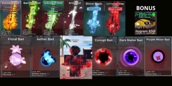 Gambar Product AKUN FISH IT GG ELEMENT ROD 2 SECRET SKIN DIVINE BLADE CORRUPTION EDGE BONUS ELSHARK GRAN MAJA PIRATE MAXTON