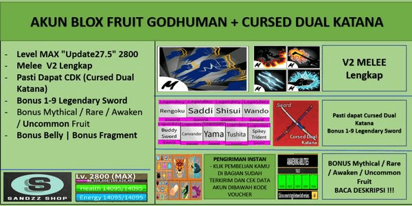 Gambar Product Akun Blox Fruit GODHUMAN+CURSED DUAL KATANA [Level MAX]