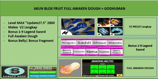 Akun Blox Fruit FULL AWAKEN DOUGH [Level MAX]