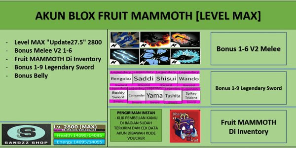 Akun Blox Fruit MAMMOTH [Level MAX]