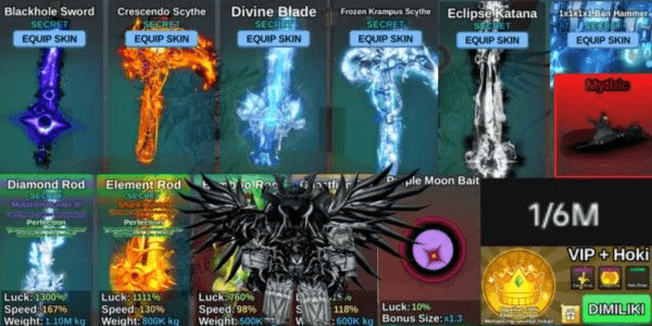 Gambar Product AKUN FISH IT GG DIAMOND ROD 6 LIMITED SECRET SKIN| ENCHANT PERFECTION| AVATAR BEROBUX| BONUS VIP+114M COIN+ SECRET FISH