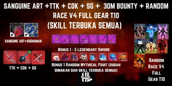 Gambar Product Blox Fruit Account 30M Bounty + Sanguine Art + TTK + CDK + SG + 1 Random Race V4 Full Gear T10 + Random Mythical Fruit