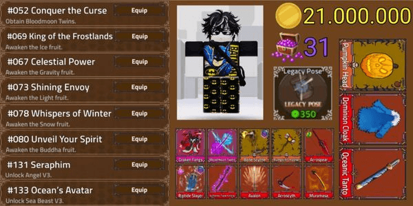 Gambar Product Akun King Legacy - Draken Fangs - Riptide Slayer - Bloodmoon Twins - Bone Scythe - Pumpkin Smasher - Acrospear