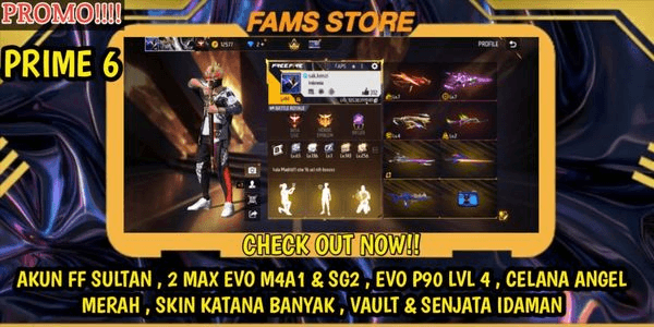 Gambar Product FF SULTAN ACCOUNT, 2 MAX EVO M4A1 & SG2, EVO P90 LVL 4, RED ANGEL PANTS, MANY KATANA SKINS, VAULT & DREAM WEAPON