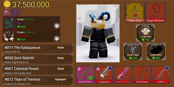 Gambar Product Akun King Legacy Max - Permanent Dragon - Permanent Quake - 2x Drop - Night Blade - Coffin Boat - Legacy Pose