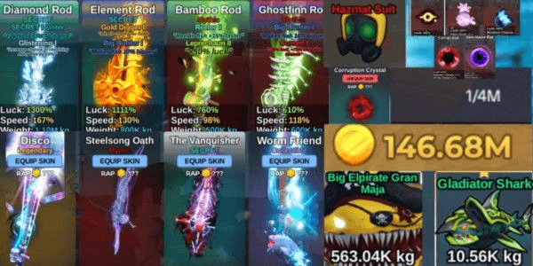 Gambar Product AKUN FISH IT GG DIAMOND ROD BERSKIN LIMITED | ENCHANT SECRET HUNTER| BONUS 146M COIN+BIG ELPIRATE GRAN MAJA+GLADIATOR SHARK