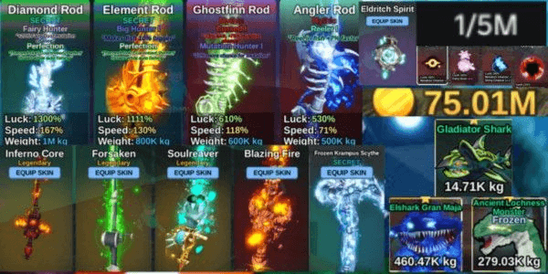 Gambar Product AKUN FISH IT GG DIAMOND ROD BERSKIN LIMITED | ENCHANT PERFECTION X FAIRY HUNTER| BONUS 75M COIN + ANCIENT LOCHNESH MONSTER + ELSHARK GRAN MAJA