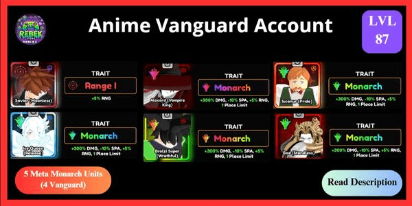 Gambar Product Account 5 Meta Monarch - Escanor (Vanguard), Alocard (Vanguard), Ice Queen (Vanguard), Broly (Vanguard), Dio + Savior (Vanguard)