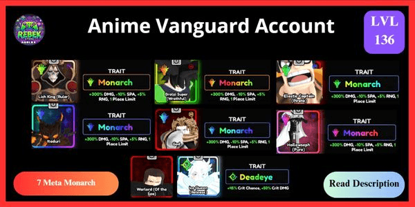Gambar Product Account 7 Meta Monarch - Lich King (Vanguard), Broly (Vanguard), Shiny Dio, Shanks, Luffy, Shiny Hollowseph, Yuji (Sukuna UnEvo) | Anime Vanguards