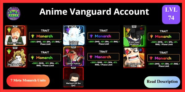 Gambar Product Account 7 Meta Monarch - Escanor (Vanguard), Ice Queen (Vanguard), Broly (Vanguard), Shiny Dio, Luffy, Demon Hybrid, Shanks | Anime Vanguards