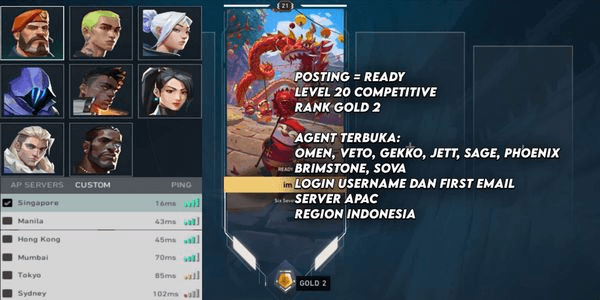 Gambar Product Akun Level 20 Valorant, Siap Competitive Valo, GOLD 1
