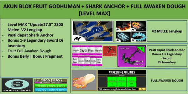 Akun Blox Fruit GODHUMAN + SHARK ANCHOR + FULL AWAKEN DOUGH [Level MAX]
