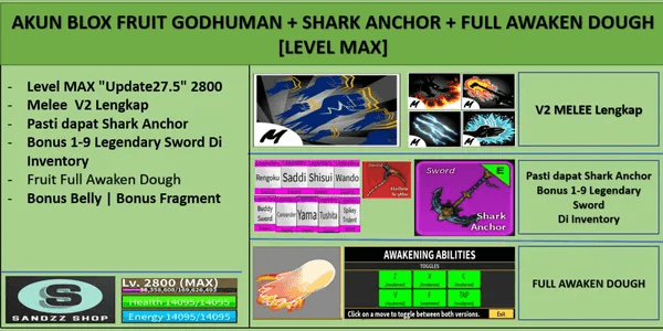 Blox Fruit Account GODHUMAN + SHARK ANCHOR + FULL AWAKEN DOUGH [Level MAX] [Datpol] [Not Verified]