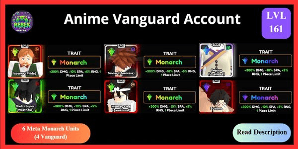 Gambar Product Account 6 Meta Monarch - Escanor (Vanguard), Kaguya (Vanguard), Ichigo (Vanguard), Broly (Vanguard), Monkey King, Sukuna | Anime Vanguards