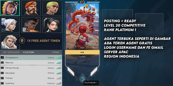 Gambar Product Account Starter Level 20 Valorant, Smurf, Ready for Competitive Valo