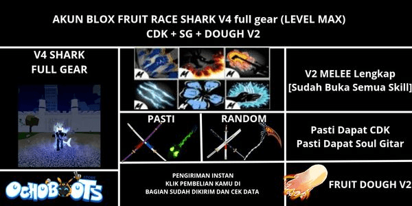 Gambar Product Akun Blox Fruit Race shark V4 Full Gear (Dough v2 + CDK + Soul Gitar) [Level MAX]