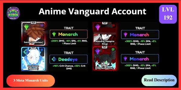 Gambar Product Account 3 Meta Monarch - Ichigo (Vanguard), Alocard (Vanguard), Diablo + Shiny Ice Queen (Vanguard) | Anime Vanguards
