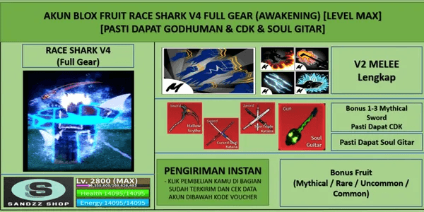 Blox Account Fruit Race Shark V4 Full Gear (Awakening) (Godhuman + CDK + Soul Guitar) [Level MAX]