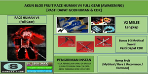 บัญชี Blox Fruits เผ่ามนุษย์ V4 เกียร์ครบ (ตื่น) (Godhuman + CDK) [เลเวลสูงสุด]
