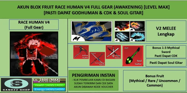 Blox Account Fruit Race Human V4 Full Gear (Awakening) (Godhuman + CDK + Soul Guitar) [Level MAX]