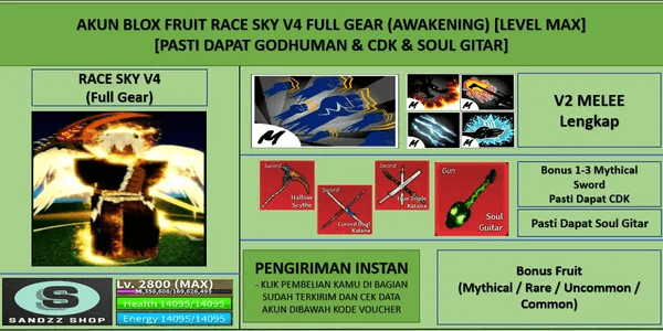 Blox Fruit Race Sky V4 Full Gear (Awakening) Account (Godhuman + CDK + Soul Guitar) [MAX Level]