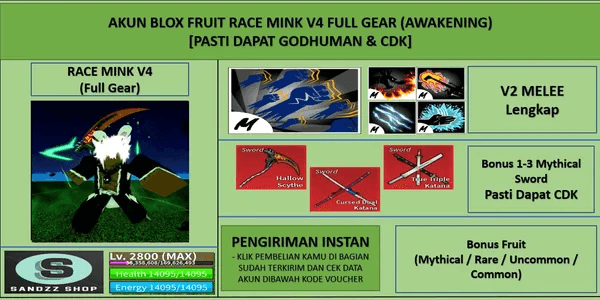 Blox Fruit Race Mink V4 Full Gear (Awakening) Account (Godhuman + CDK) [MAX Level]