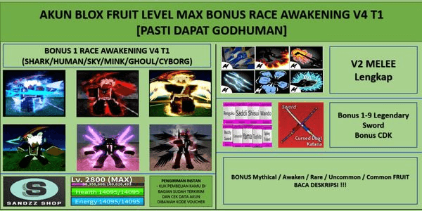 Akun Blox Fruit Level Max Bonus Race Awakening V4 T1 (Godhuman)