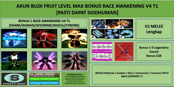 Blox Fruit Account Level Max Bonus Race Awakening V4 T1 (Godhuman)