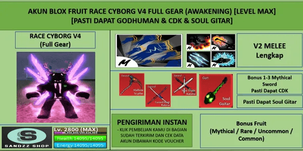 Blox Fruit Race Cyborg V4 Full Gear (Awakening) Account (Godhuman + CDK + Soul Guitar) [MAX Level]