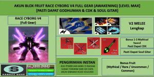 Blox Fruit Race Cyborg V4 Full Gear (Awakening) Account (Godhuman + CDK + Soul Guitar) [MAX Level]