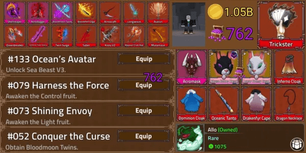 Akun King Legacy Max - ShellReaper - Acrodagger - Bloodshell Edge - Twin Surge - Abyssal Crab Axe - Dawnbreaker - Perm allo - Acromask
