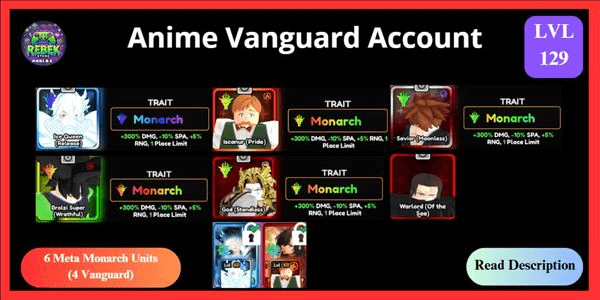 Gambar Product Account 6 Meta Monarch - Ichigo, Escanor, Ice Queen, Broly, Dio, Shanks + 2 Divinity Memoria | Anime Vanguards