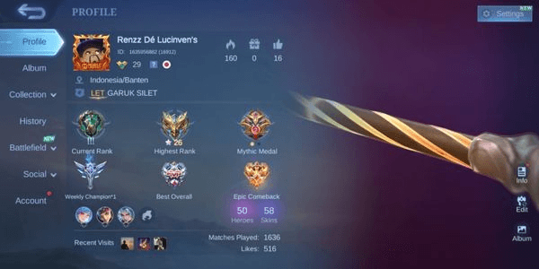 Gambar Product SPESIAL PROMO Akun Mobile Legends Hero50 Skin58 1CC 11Epic Bagus Banget Aman Garansi Nickname Renz De Lucinven