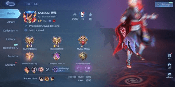 Gambar Product SPESIAL PROMO Akun Mobile Legends Hero75 Skin120 1CC 13Epic Bagus Banget Aman Garansi Nickname Katsumi 135