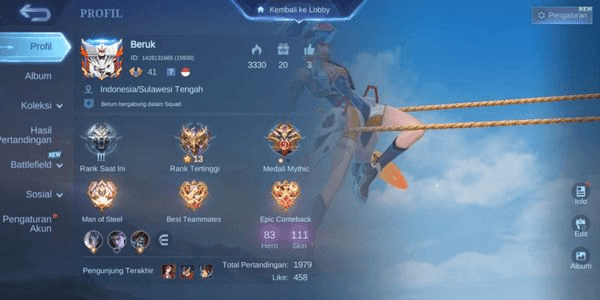 Gambar Product SPESIAL PROMO Akun Mobile Legends Hero83 Skin111 1CC 14Epic Bagus Banget Aman Garansi Nickname Beruk