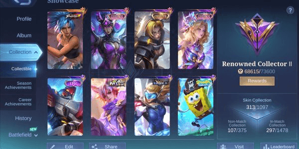 Gambar Product 313 SKINS + LUCKYBOX KARINA LUNOX + MEOW JULIAN + EPIC 16 EPIC SKINS + MYTH2024 CLINT + SPONGEBOB + COLLECTOR NATALIA + KOF KARINA