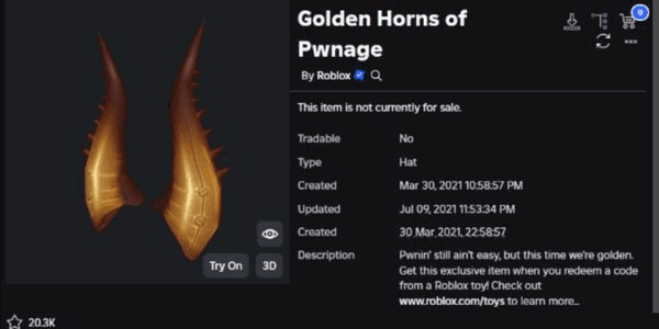 Gambar Product Golden Horns of Pwnage - Roblox Toy Code
