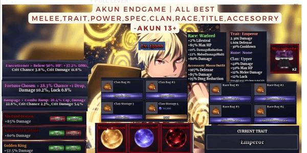 Gambar Product AKUN ENDGAME | ALL BEST MELEE ( Strongest Shinobi + Moon Slayer ), TRAIT, POWER, SPEC, CLAN, RACE, TITLE, ACCESSORY | SAILOR PIECE