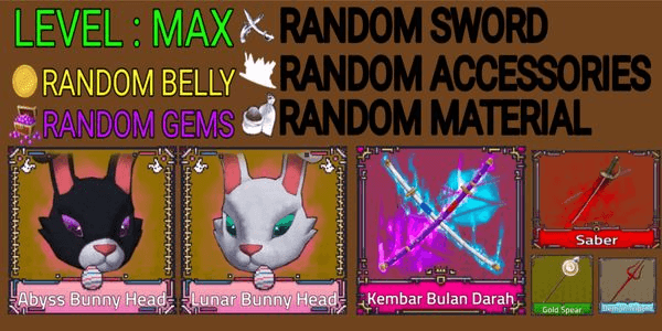 Gambar Product Akun King Legacy Max - Abyss Bunny Head - Lunar Bunny Head - Bloodmoon Twins - Saber - Random Sword/Accessories/Material
