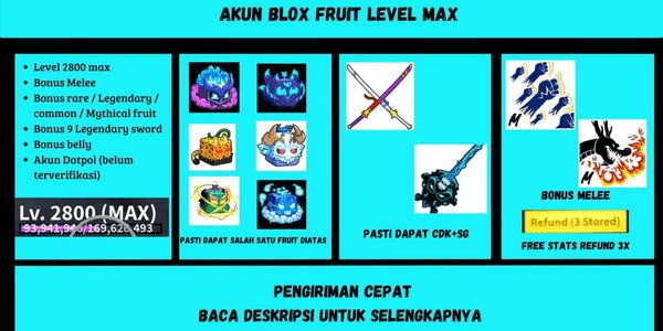 Gambar Product Akun Blox Fruit Level Max 2800 Fruit Dragon/Kitsune/Leo/Control/Yeti/Gas minimal 300 mastery