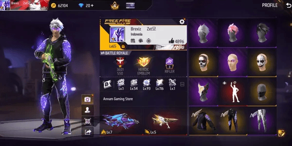 FF ACCOUNT FREE FIRE SG LUMUT, EVO 2 MAX 1, AK47 & MP5, VAULT 440+, WEAPONS 425+, KATANA 8 FLAVORS, LOBBY ANIMATION ON, FIST ON ETC.