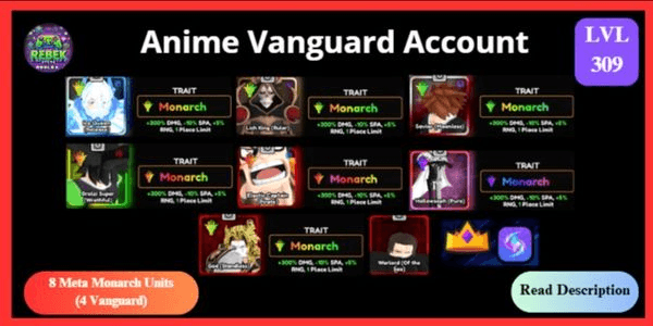 Gambar Product Account 8 Meta Monarch - Lich King, Shiny Ice Queen, Ichigo, Broly, Dio, Shiny Hollowseph, Luffy, Shanks + VIP, Shiny Hunter Gamepass