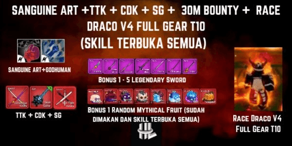Gambar Product Akun Blox Fruit 30M Bounty + Sanguine Art + TTK + CDK + SG + Race Draco V4 Full Gear T10