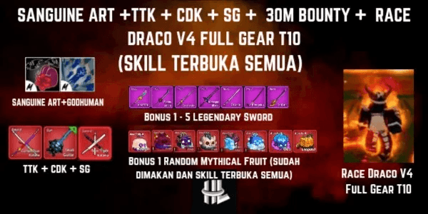 Blox Fruit Account 30M Bounty + Sanguine Art + TTK + CDK + SG + Race Draco V4 Full Gear T10